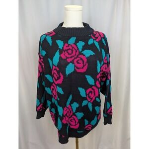 VINTAGE Erika Black Pink Teal Rose Colorful Floral Mock Neck Sweater Women Large